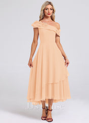 JJ's House Izel One Shoulder 3D Floral Chiffon Midi Dress