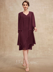 Sheath/Column V-Neck Knee-Length Chiffon Mother of the Bride Dress