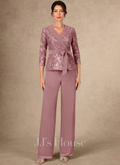 JJ's House Anissa V-Neck Sequins Lace Pantsuit