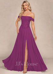 JJ's House Adamari Off the Shoulder Pleated Chiffon Maxi Dress