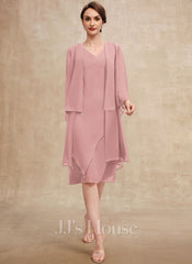 Sheath/Column V-Neck Knee-Length Chiffon Mother of the Bride Dress