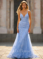 JJ's House Rayceine Trumpet/Mermaid V-Neck Spaghetti Straps Sequins Tulle Dress