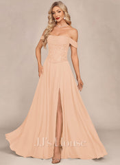 JJ's House Adamari Off the Shoulder Pleated Chiffon Maxi Dress