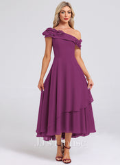 JJ's House Izel One Shoulder 3D Floral Chiffon Midi Dress