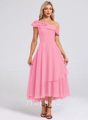 JJ's House Izel One Shoulder 3D Floral Chiffon Midi Dress