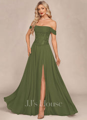 JJ's House Adamari Off the Shoulder Pleated Chiffon Maxi Dress