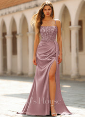 JJ's House Vasileia Trumpet/Mermaid Square Spaghetti Straps Corset Stretch Satin Dress
