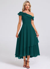 JJ's House Izel One Shoulder 3D Floral Chiffon Midi Dress