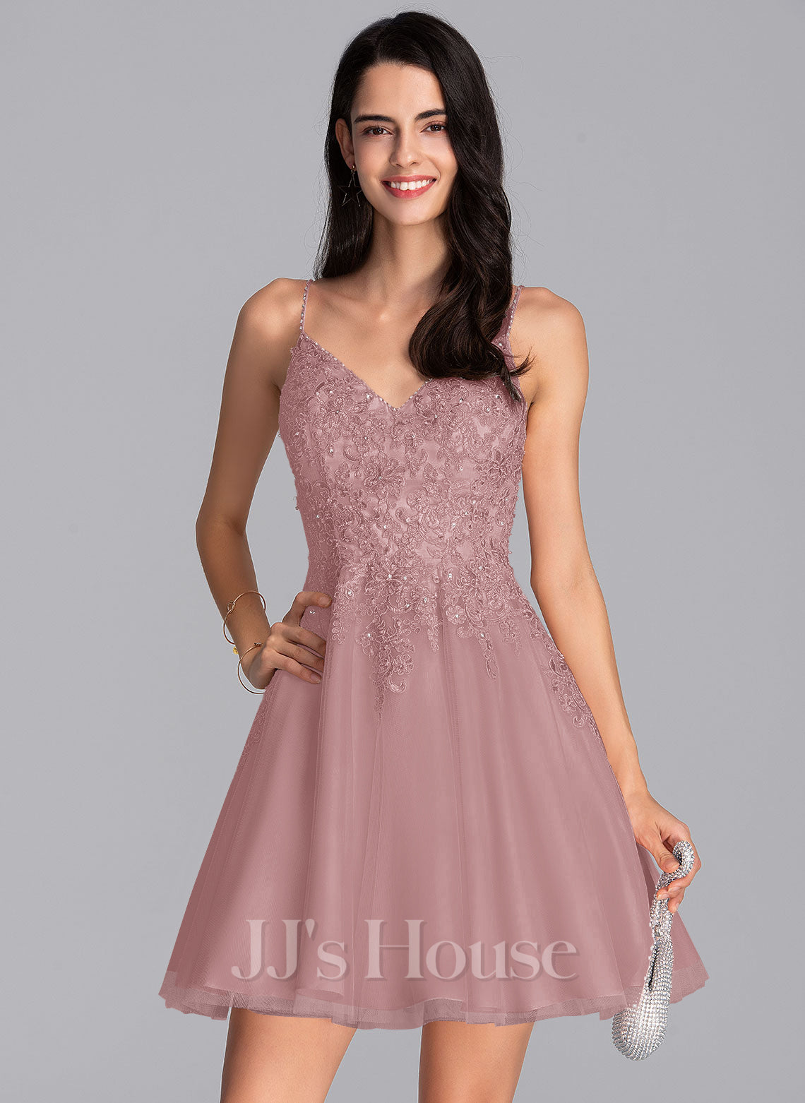 JJ's House Vanessa V-Neck Spaghetti Straps Beading Tulle Dress