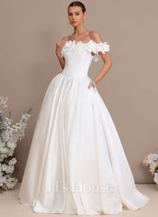 JJ's House Erminia Ball-Gown/Princess Off the Shoulder Flower Pockets Satin Dress