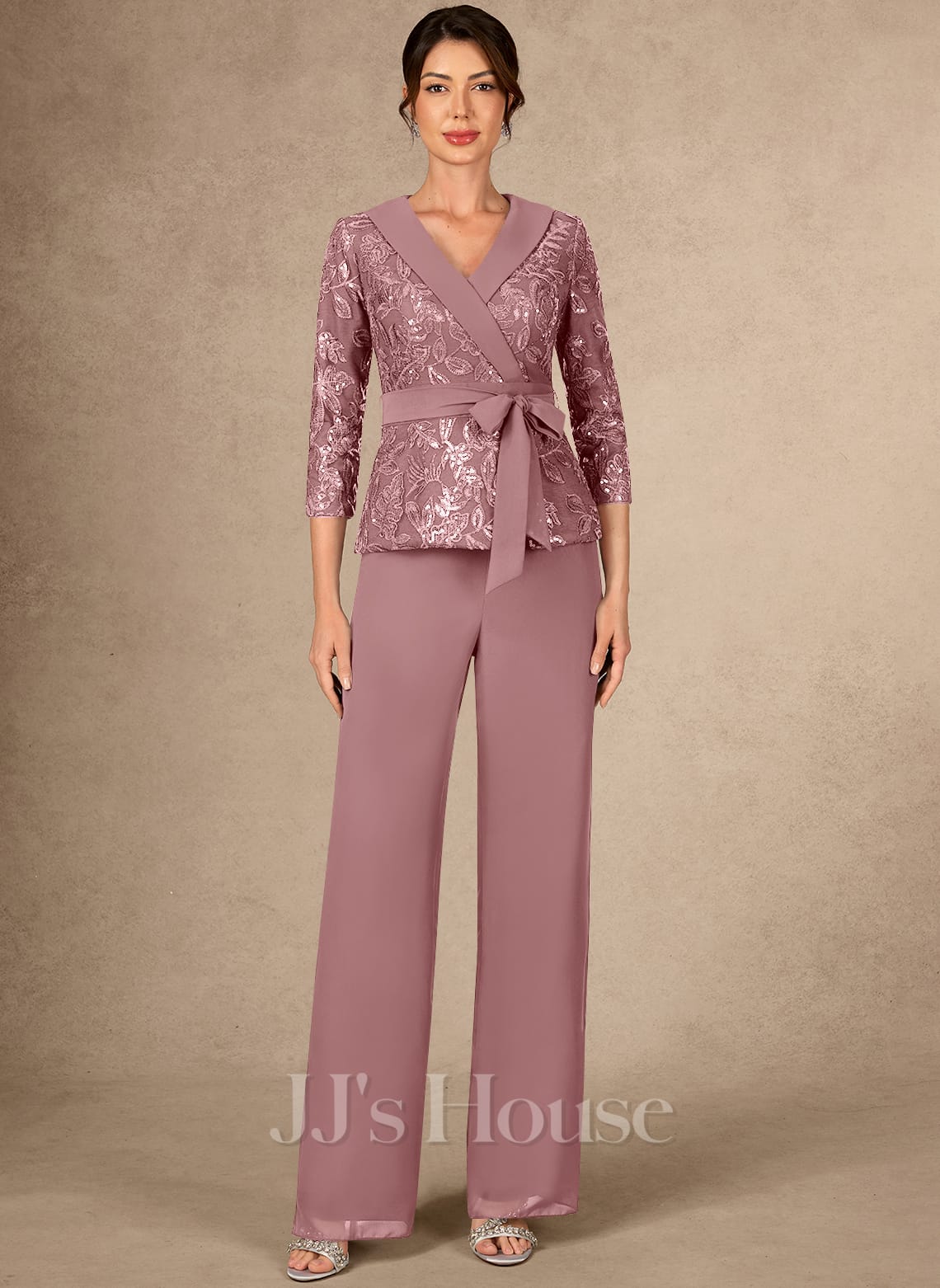 JJ's House Anissa V-Neck Sequins Lace Pantsuit