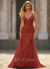 JJ's House Rayceine Trumpet/Mermaid V-Neck Spaghetti Straps Sequins Tulle Dress