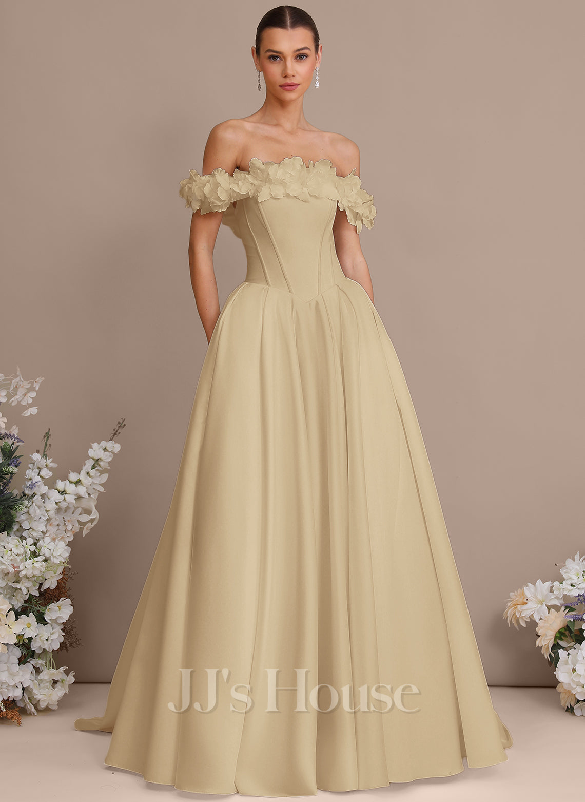 JJ's House Erminia Ball-Gown/Princess Off the Shoulder Flower Pockets Satin Dress