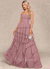 JJ's House Avaia Strapless Cascading Ruffles Chiffon Maxi Dress