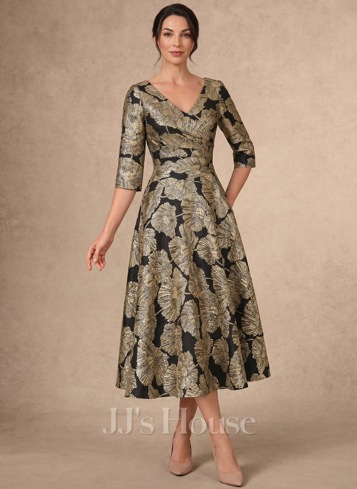 JJ's House Mercy A-line V-Neck Pleated Jacquard Dress