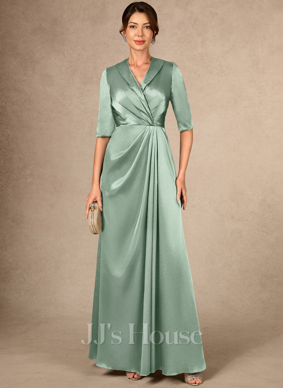 JJ's House Cilly A-line V-Neck Pleated Stretch Satin Dress