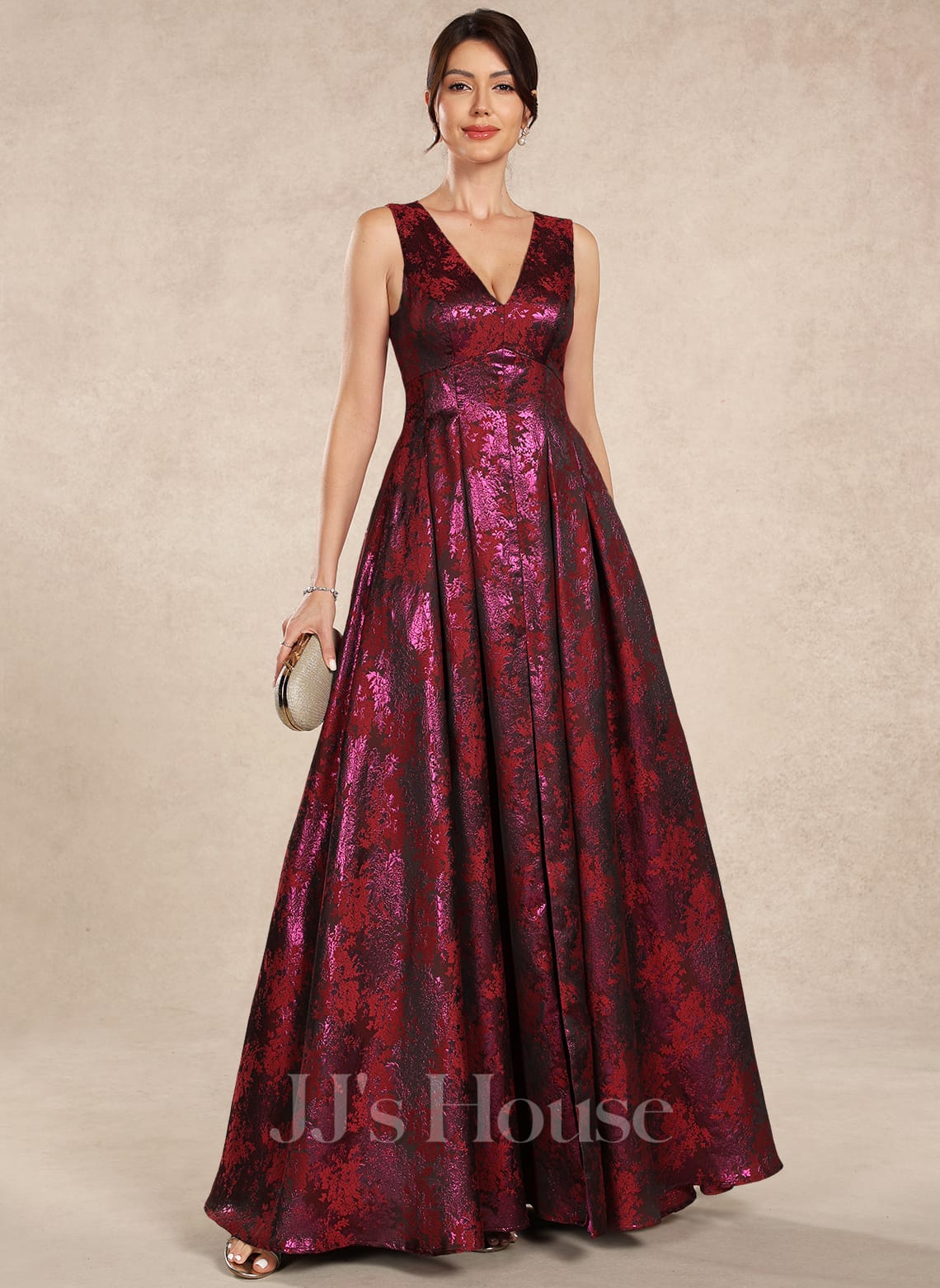 JJ's House Halo A-line V-Neck Pleated Jacquard Dress