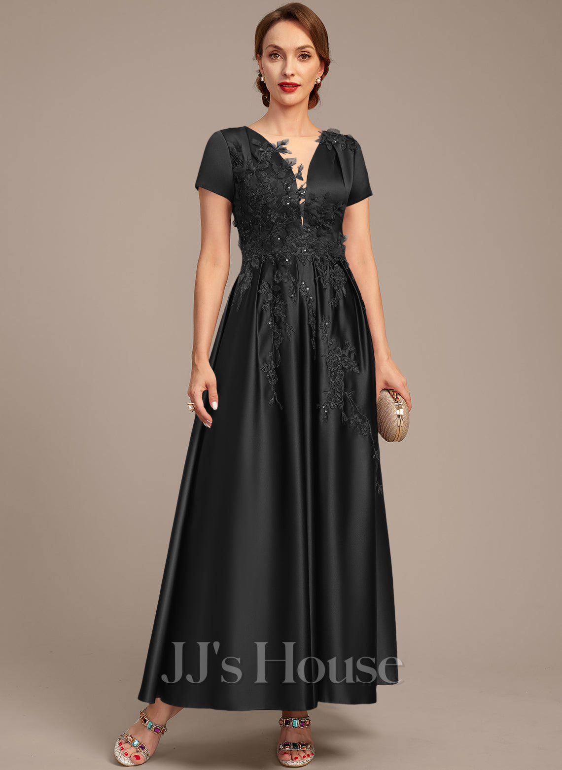 JJ's House Valencia A-line Illusion Scoop Ankle-Length Satin Lace Mother of the Bride Dress With 3D Floral Sequins