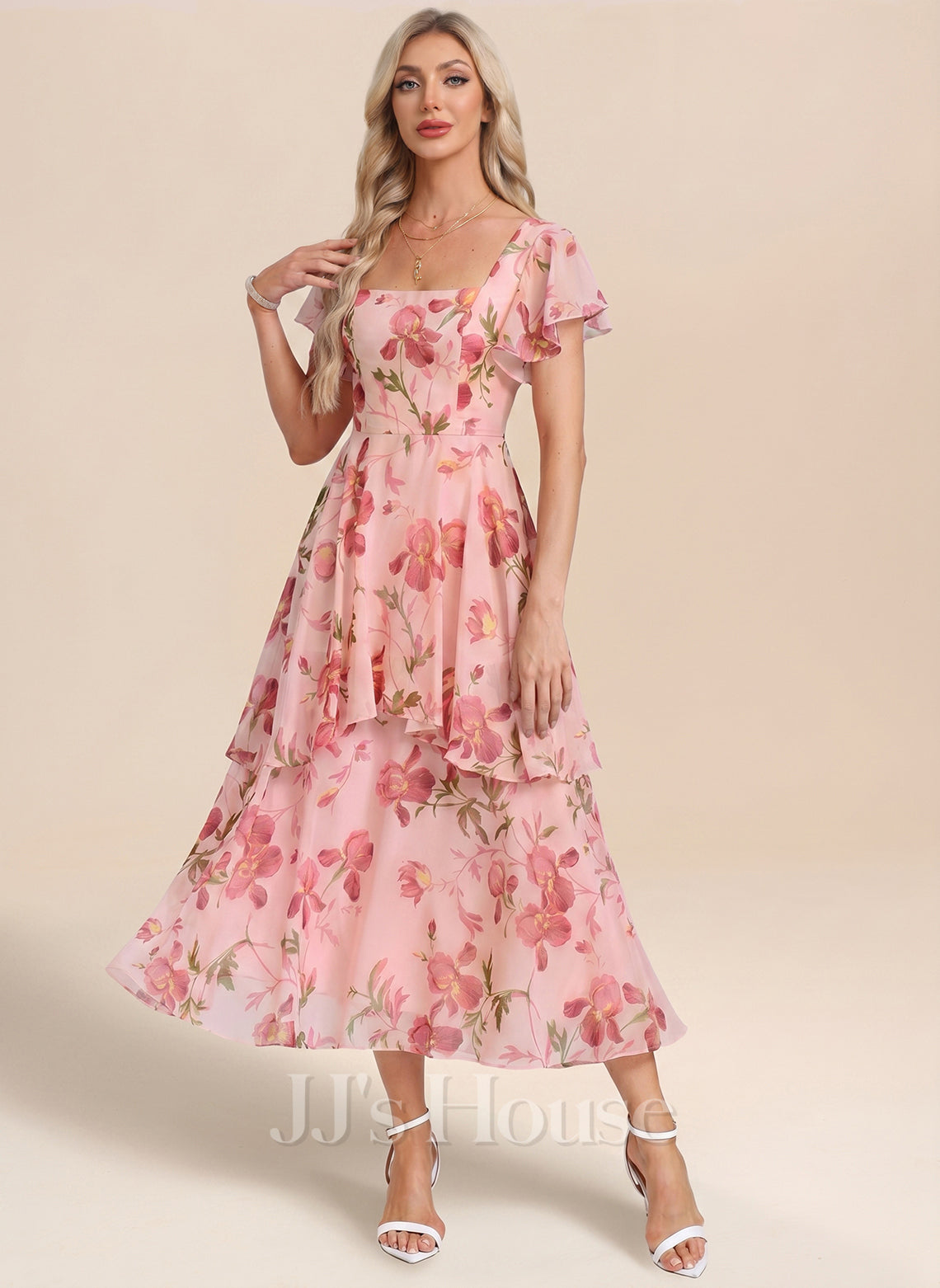 JJ's House Lucilla Floral Print Chiffon Midi Dress