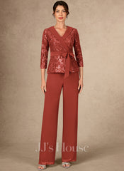 JJ's House Anissa V-Neck Sequins Lace Pantsuit
