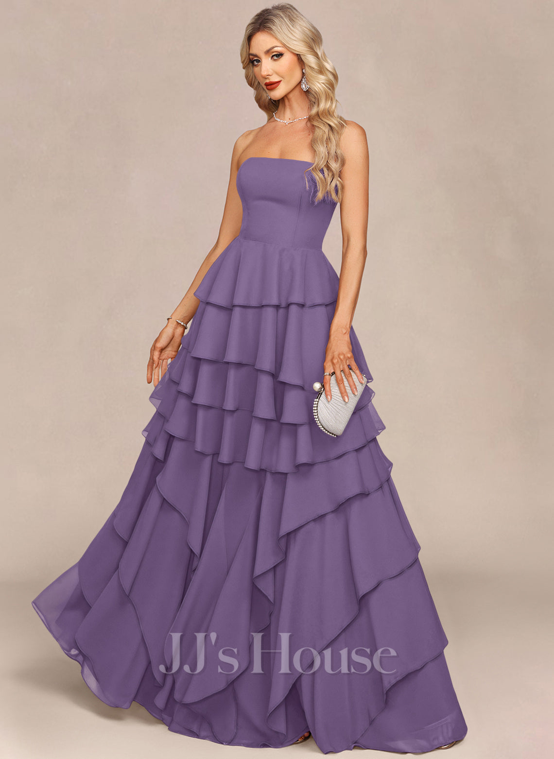JJ's House Avaia Strapless Cascading Ruffles Chiffon Maxi Dress