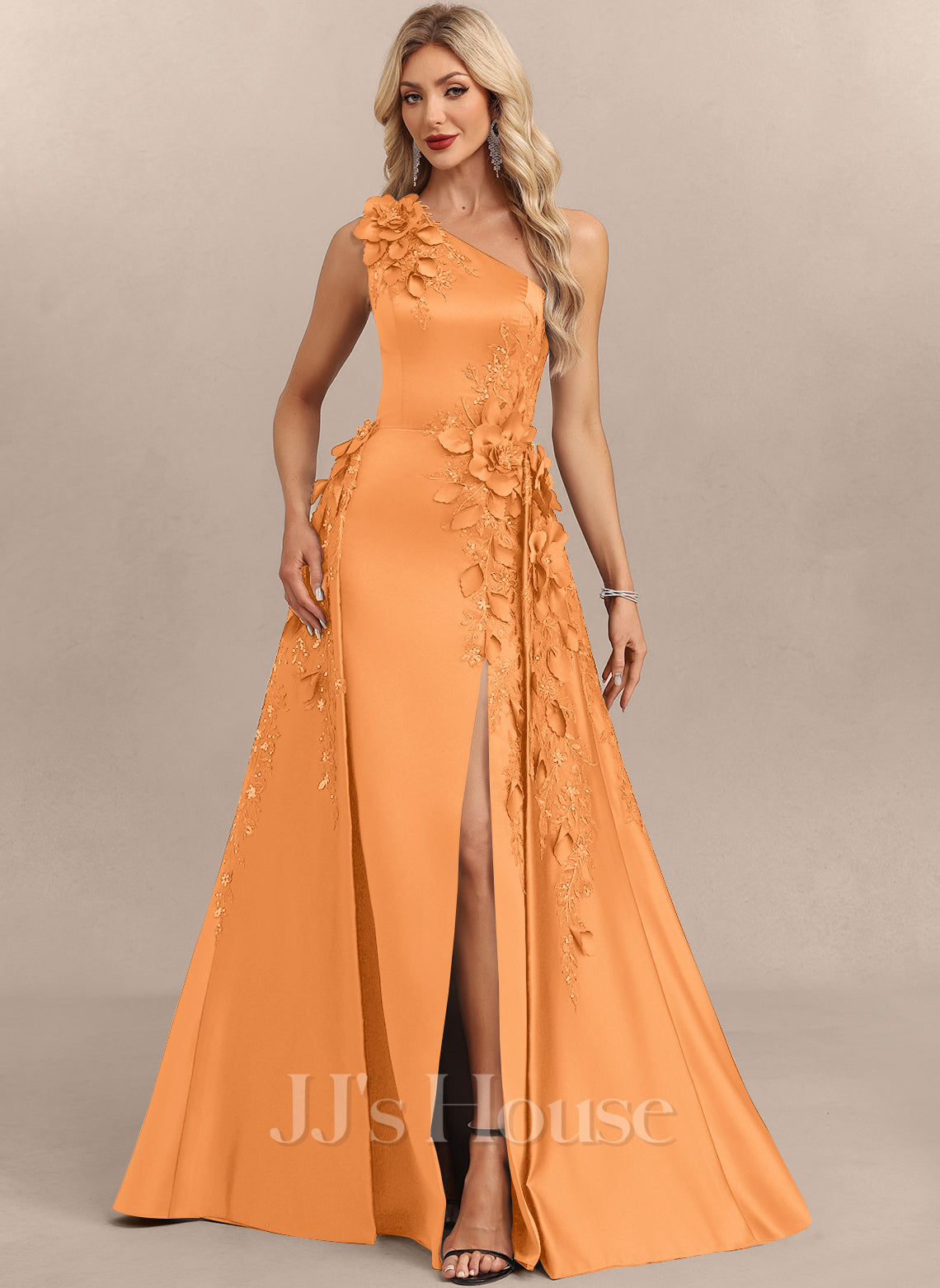 JJ's House Evarose One Shoulder Overskirt Satin Maxi Dress